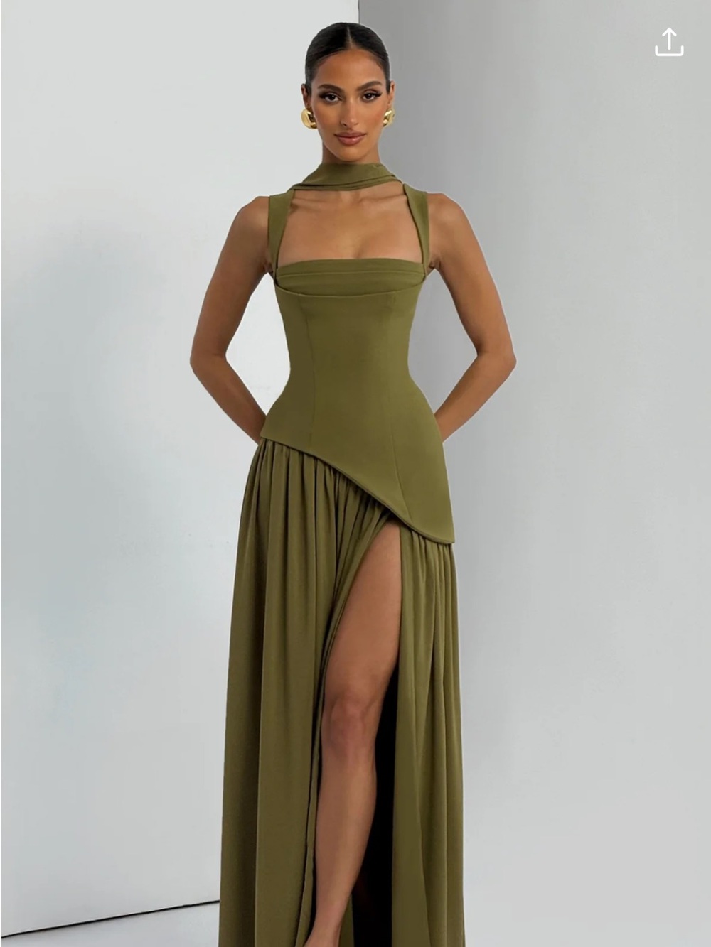 Olive Green Strapless Maxi Dress with Scarf Neck Detail